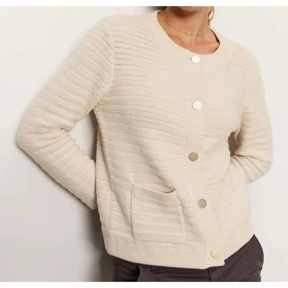 Sanctuary Cream Pointelle Chunky Knit Cardigan Gold Button Sweater Jacket -‎ Med